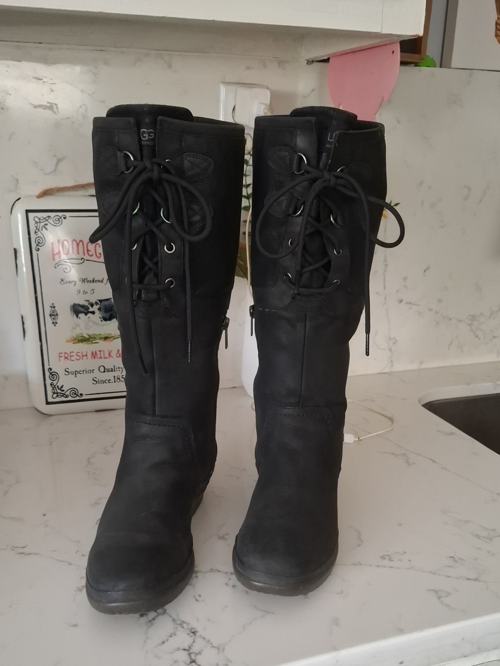 UGG Waterproof  Womens Black Lace-Up Mid-Calf Boots with Side Zippers